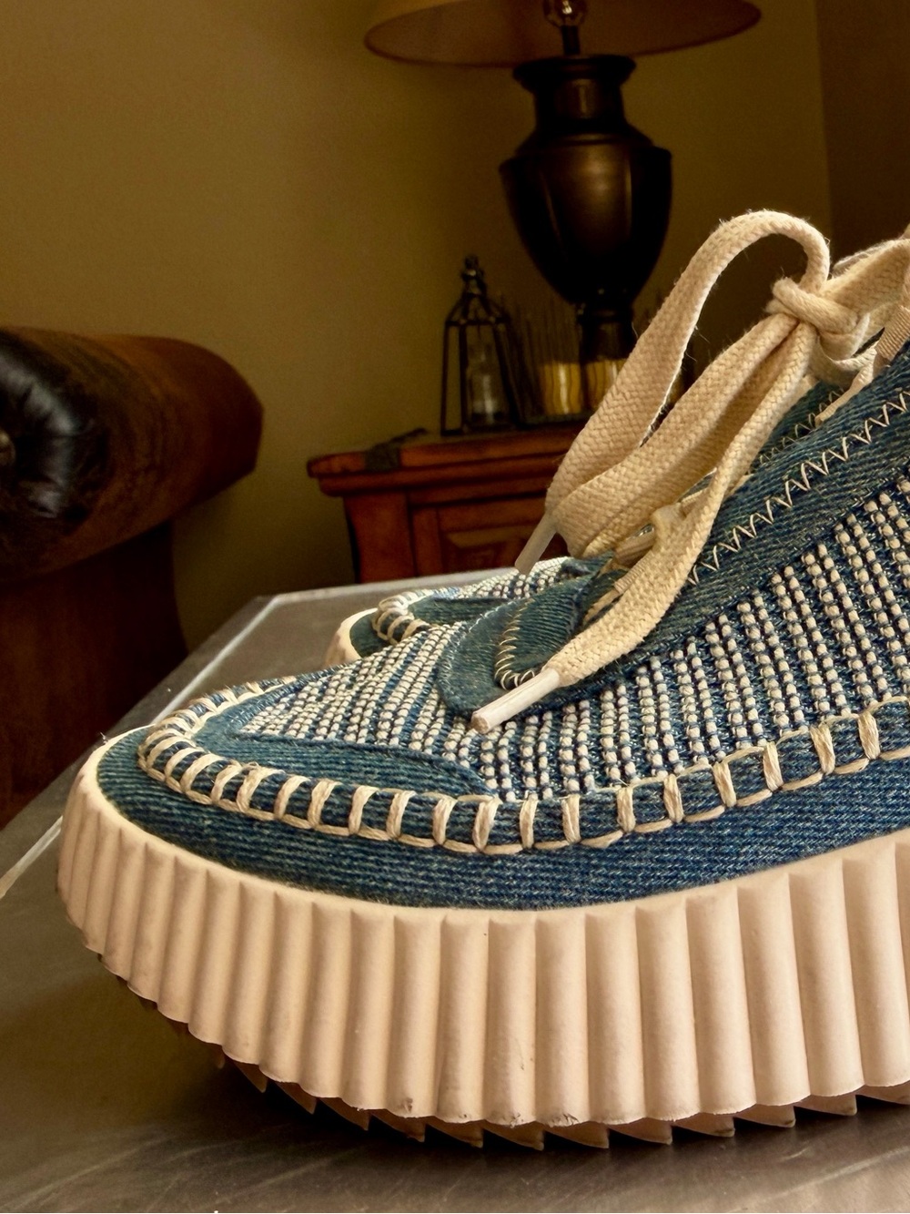 Dolce Vita Blue and Cream Woven Platform Sneakers